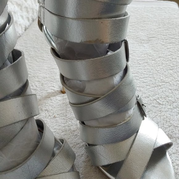 Sexy Silver Metallic Cage Strap Heels Buckle Detail Back Zip - Picture 6 of 8